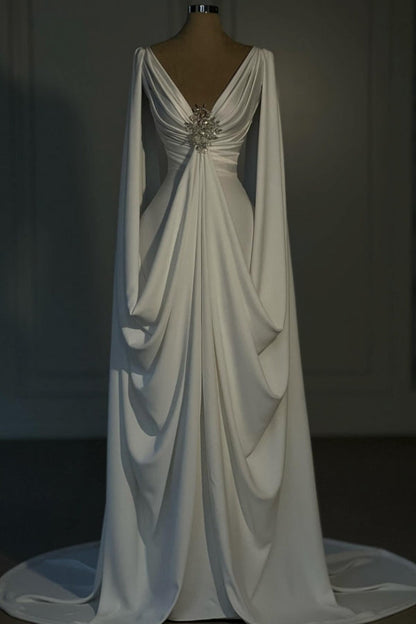 Langes, elfenbeinfarbenes Designer-Brautkleid aus Satin mit A-Linie, V-Ausschnitt und langen Ärmeln