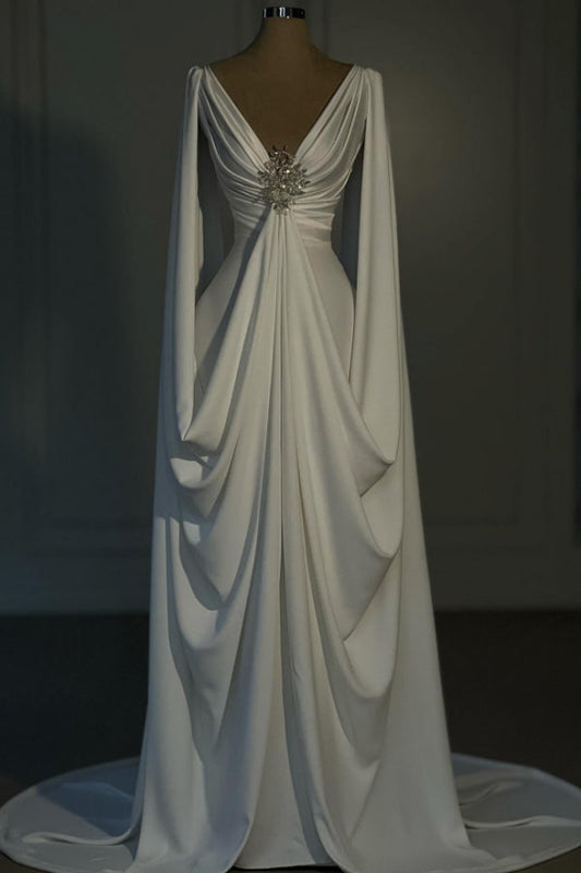 Langes, elfenbeinfarbenes Designer-Brautkleid aus Satin mit A-Linie, V-Ausschnitt und langen Ärmeln