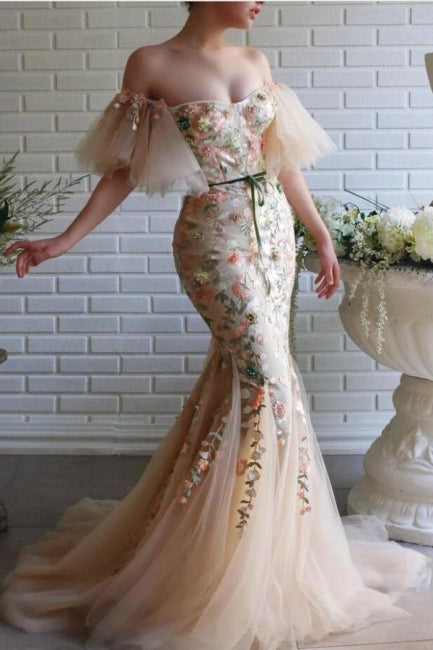 Designer longo sereia fora do ombro tule renda vestido de baile com flores