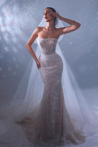 Vestido de novia de diseño largo de sirena sin mangas con encaje y cola
