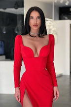 Abito da sera lungo rosso sexy con maniche lunghe e spacco