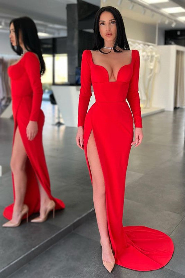 Abito da sera lungo rosso sexy con maniche lunghe e spacco