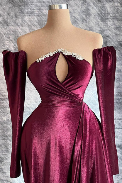 Designer Long Velvet Sequined Long Sleeves Prom Dress With Train