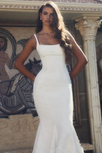 Designer Long White Mermaid Spaghetti Straps Satin Wedding Dress