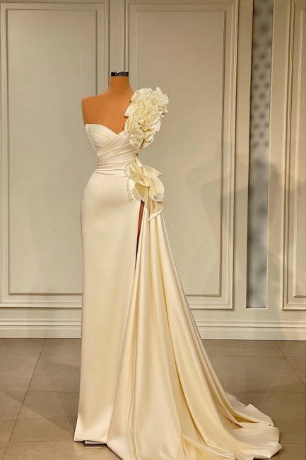 Designer Langes Weißes One-Shoulder-Brautkleid Mit Rüschen Und Schlitz