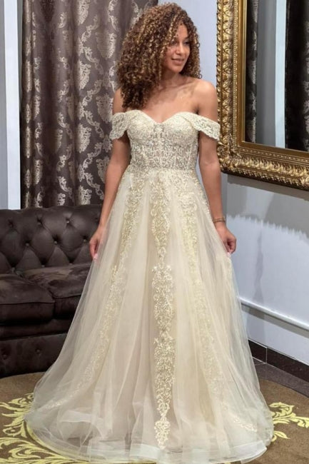 Vestidos de noche largos de diseñador con hombros descubiertos, corte A y encaje