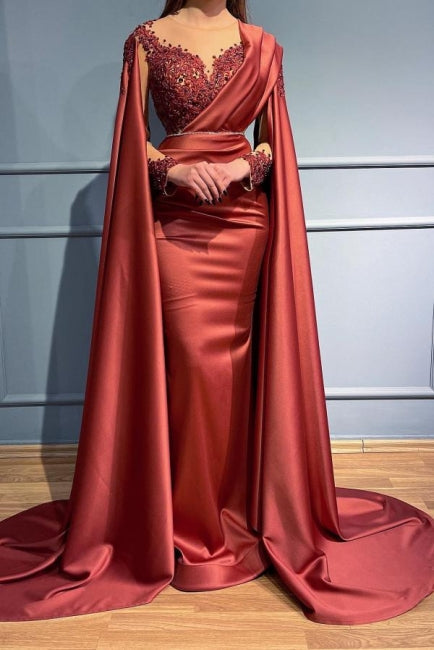 Vestidos de noche de diseño con sirena larga, escote en V y encaje rojo con mangas