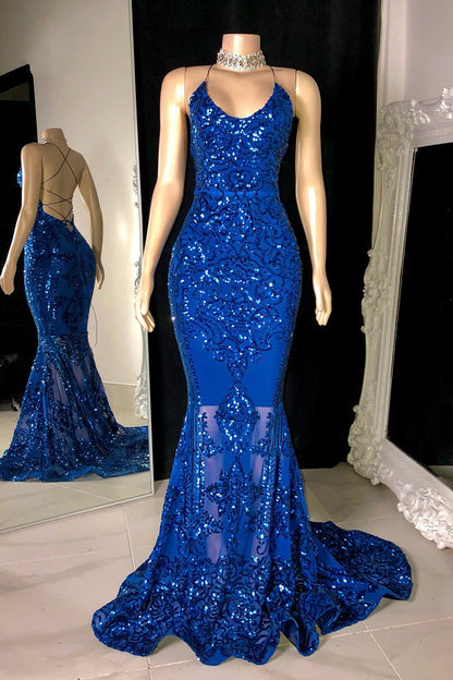 Vestido de fiesta largo de sirena con tirantes finos y encaje sin mangas de diseñador