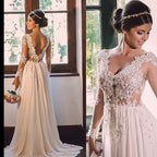 Designer Sweep Train Chiffon V-Neck Lace Backless Wedding Dress