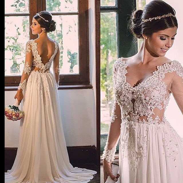 Designer Sweep Train Chiffon V-Neck Lace Backless Wedding Dress