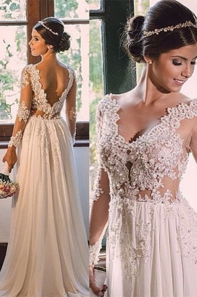 Designer Sweep Train Chiffon V-Ausschnitt Spitze Rückenfreies Brautkleid