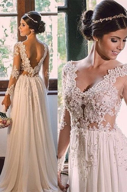 Designer Sweep Train Chiffon V-Ausschnitt Spitze Rückenfreies Brautkleid