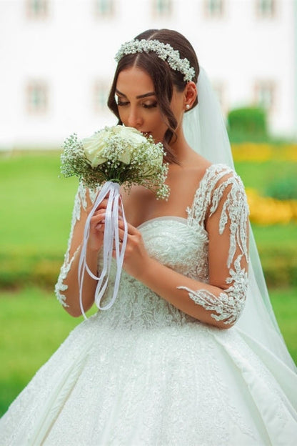 Designer Sweetheart Longo Branco Cetim Renda Vestidos De Noiva Com Mangas Compridas