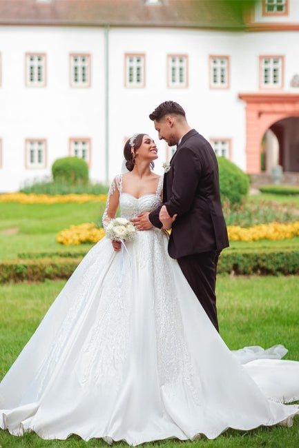 Designer Sweetheart Longo Branco Cetim Renda Vestidos De Noiva Com Mangas Compridas
