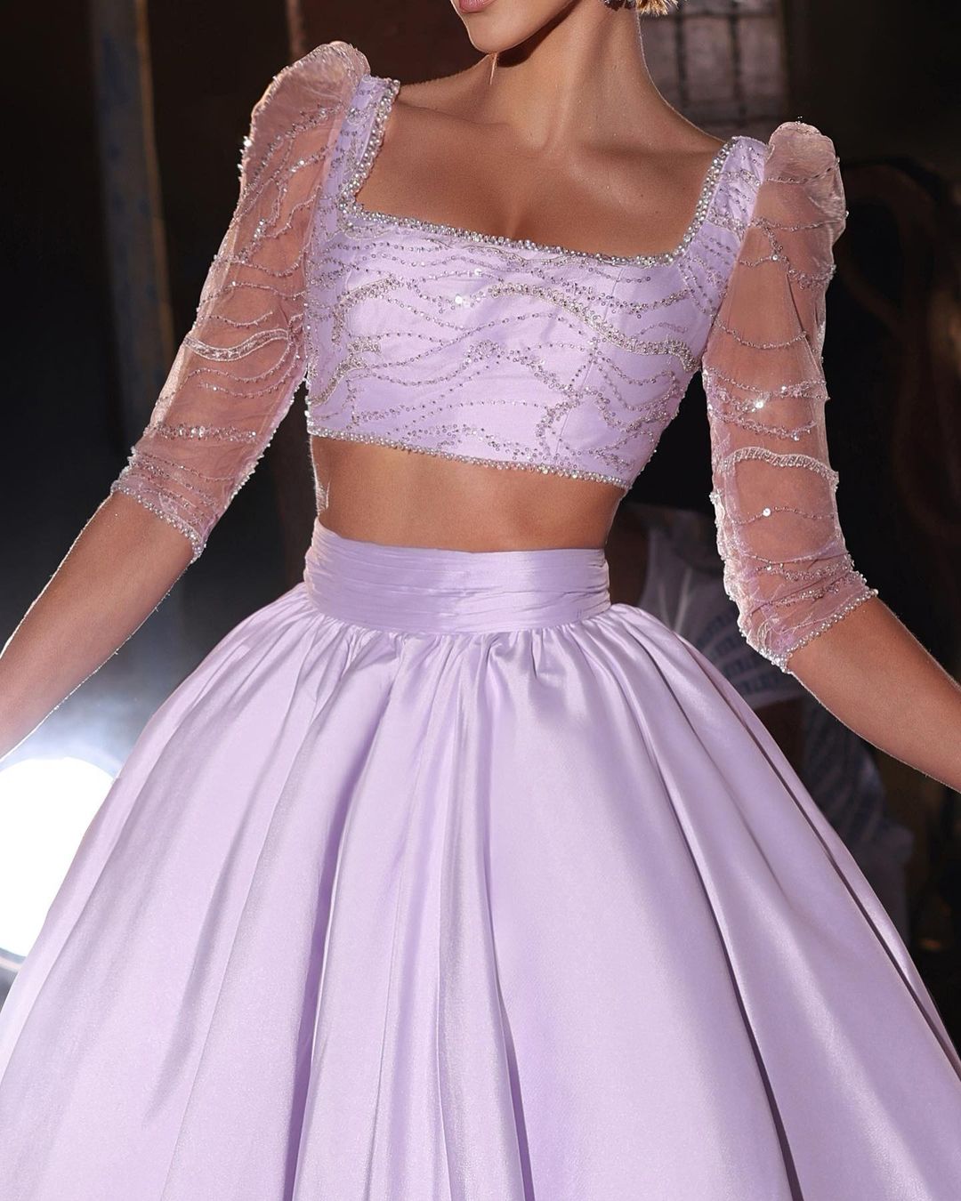 Vestido de Baile de Dois Peças, Corte em A, Mangas 3/4, com Bordados