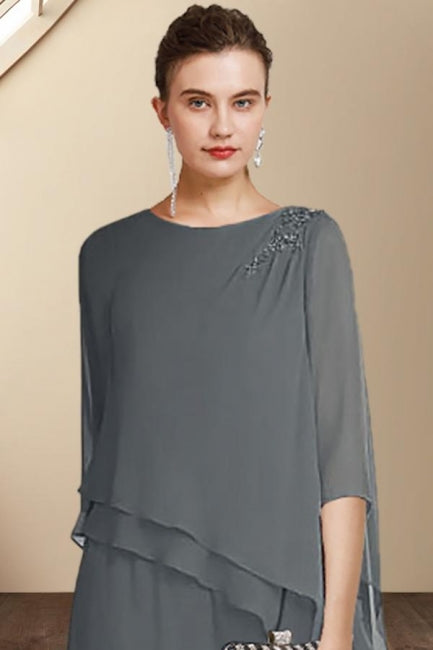Designer Zweiteiler Anzug für die Brautmutter Chiffon U-Ausschnitt Halbarm Brautjungfernkleider mit Rüschen