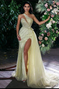Robe de bal sirène jaune à paillettes, à une épaule, avec fente latérale, de créateur