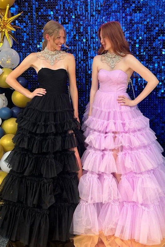 Roycebridal Linda | Vestido de fiesta de tul sin tirantes, de varios niveles y corte A con abertura