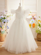 NumberSea - Detachable Lace Tulle Sweep Train Flower Girl Dress