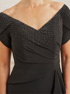 V Neck Mother Of The Bride Dress With Beading And Side Split And Ruffles