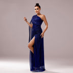 One-Shoulder Long Sleeve Slit Gown – Elegant Evening Dress