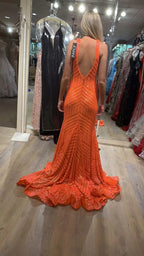 Abito lungo da sera arancione con scollo a V, paillettes scintillanti e design sirena sexy Y1397