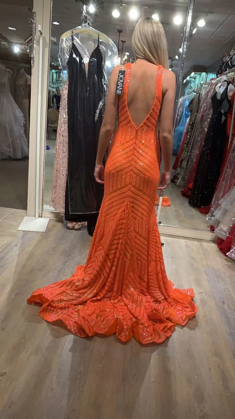 Abito lungo da sera arancione con scollo a V, paillettes scintillanti e design sirena sexy Y1397