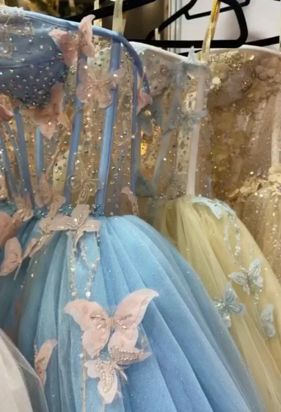 Feenkleid, blaues ärmelloses Ballkleid mit rosa Schmetterlingen Y1387