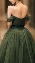 Abito lungo da sera semplice in tulle verde, abito da sera in tulle verde Y1554