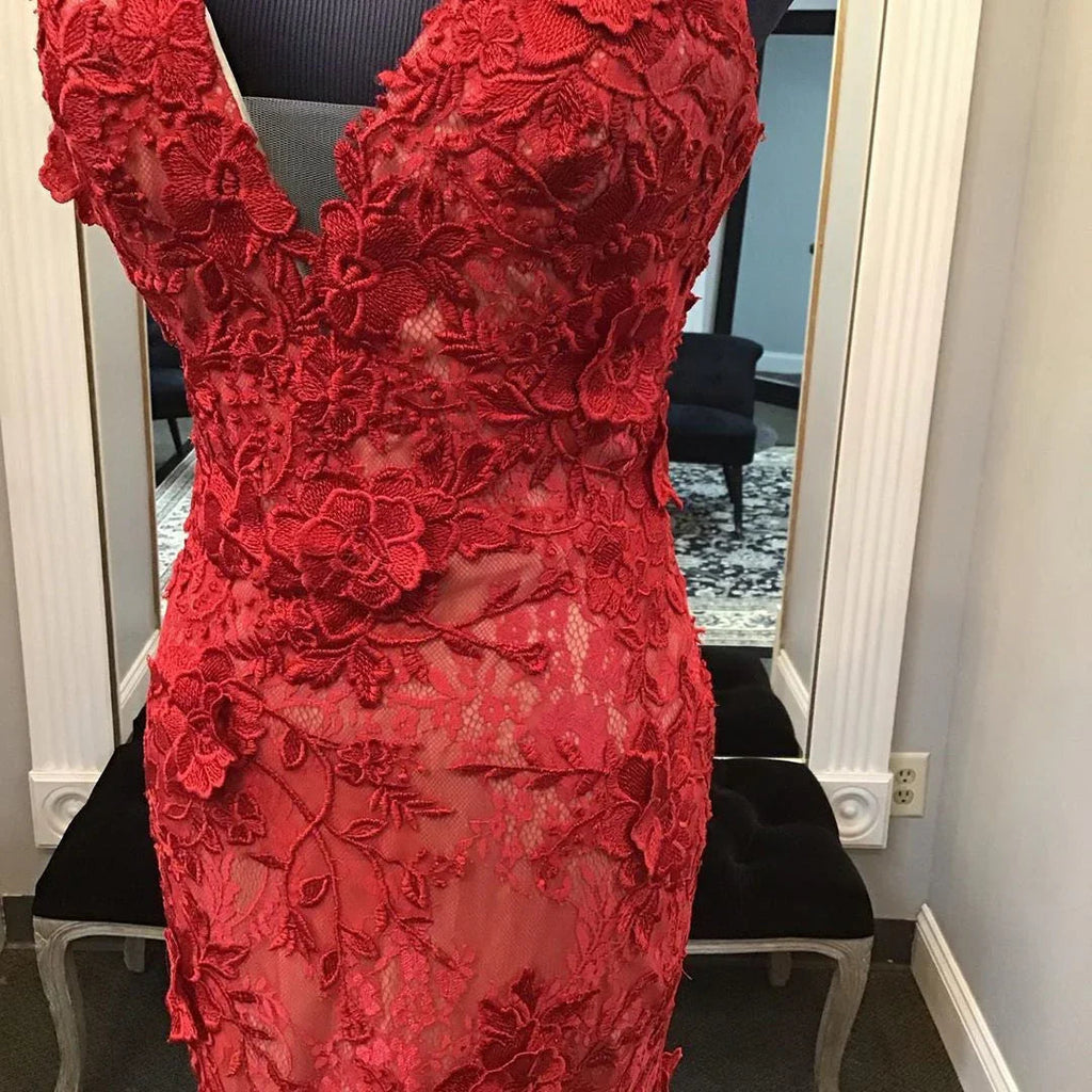 Abito da sera rosso con applicazioni di pizzo fatte a mano, abito formale rosso a sirena/tromba con scollo a V Y1402