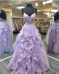 Vestidos de Baile Lilás com Alças Finas e Corpete Transparente Y1513