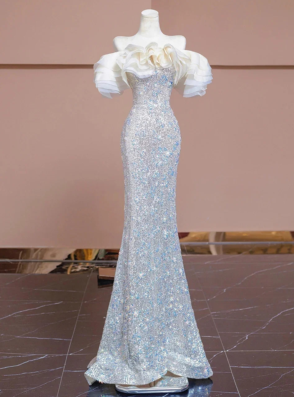 Abito da sera formale di lusso con perline e paillettes argento a sirena Y7614