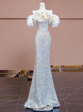 Abito da sera formale di lusso con perline e paillettes argento a sirena Y7614