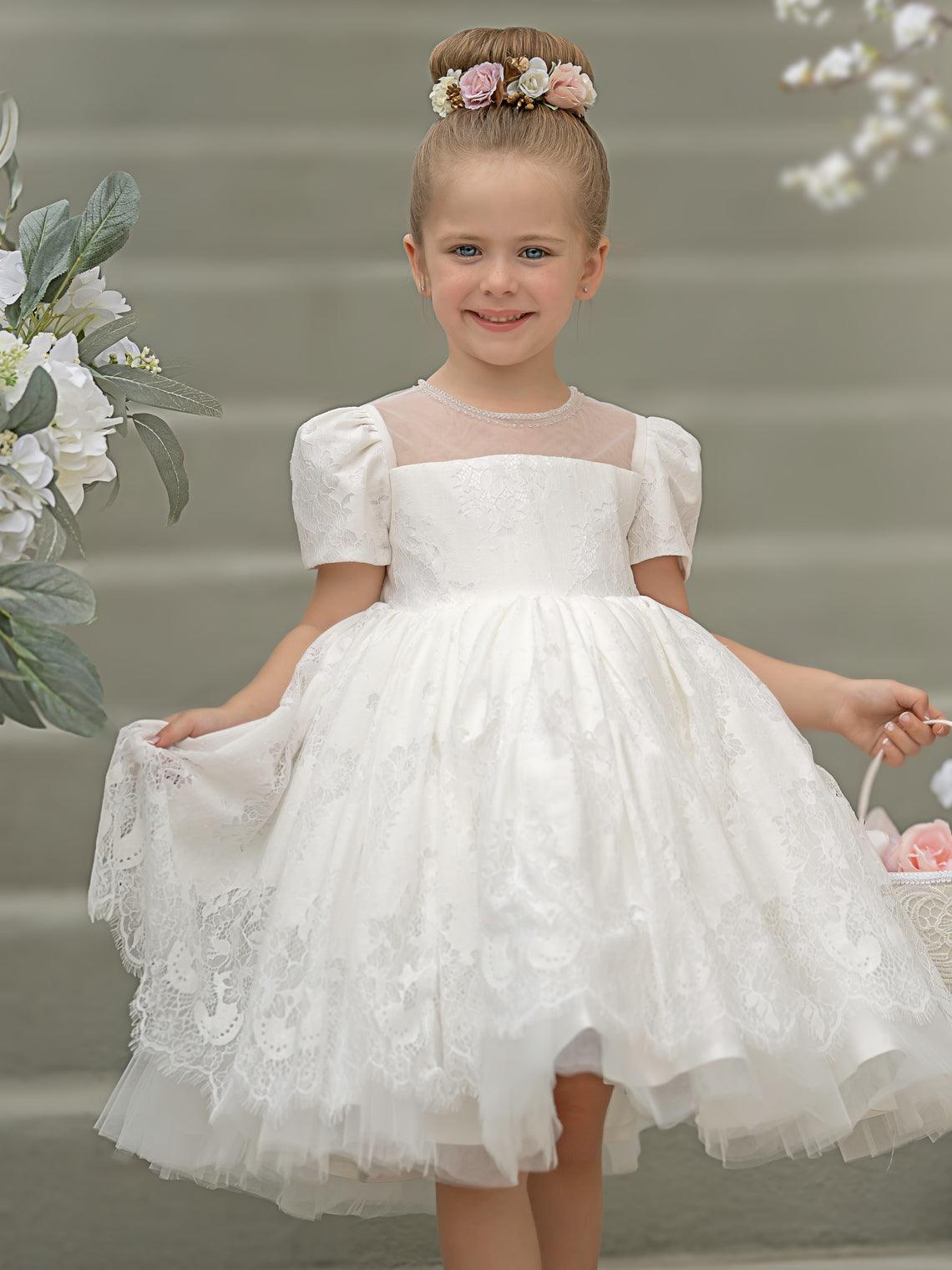 Lace First Communion Flower Girl Dress With Beading And Zip Back Scoop Neck