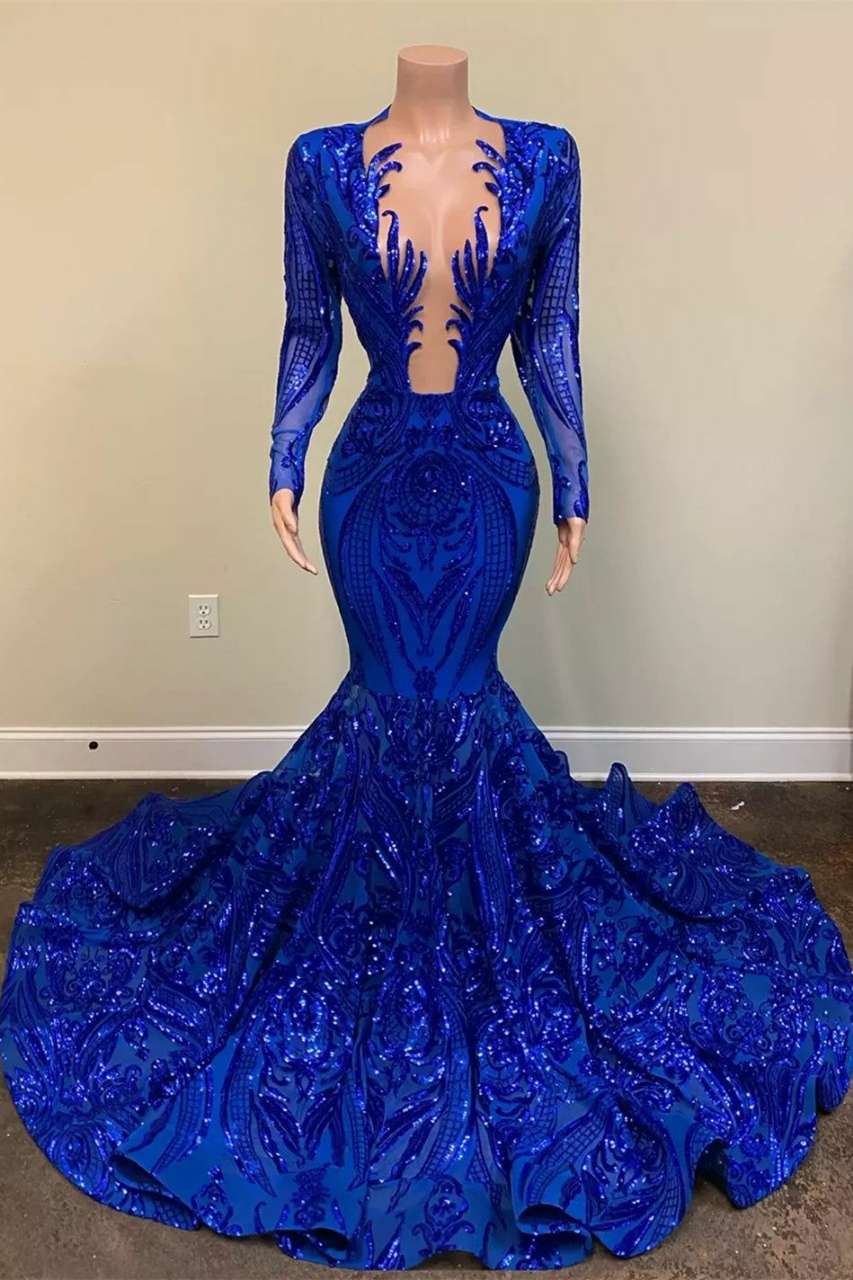 Royal Blue Long Sleeve Mermaid Prom Dress with Appliques and Beads