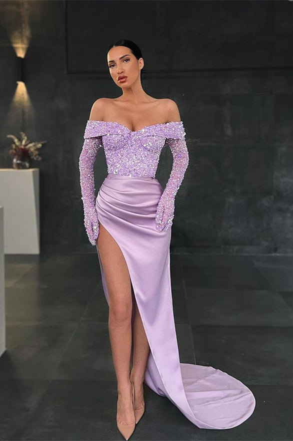 Long Sleeves Mermaid Off the shoulder Satin Sequins Prom Dress With Slit