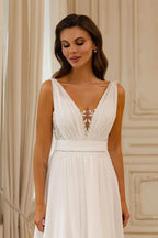 Chiffon A Line V Neck Sleeveless Wedding Dress With Open Back