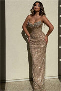 Chic Sequins Strapless High Waist Long Prom Dress With Beading