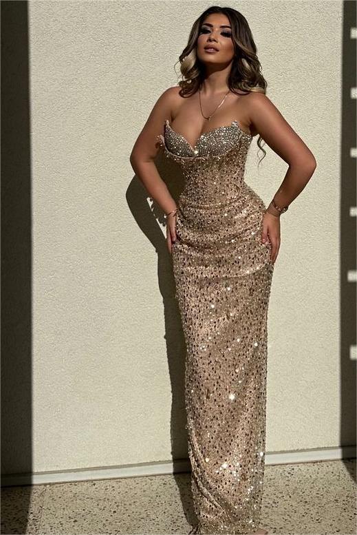 Chic Sequins Strapless High Waist Long Prom Dress With Beading