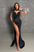 Black Stretch Satin Mermaid Evening Dress With Beading And Long Sleeves