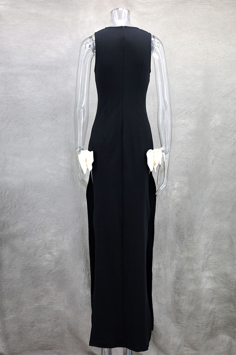 Robes de soirée unies et sexy avec fente et décor de nœud à encolure ronde