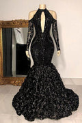Abito da sera lungo stile sirena nero dignitoso con collo all'americana, maniche lunghe, pizzo trasparente e perline