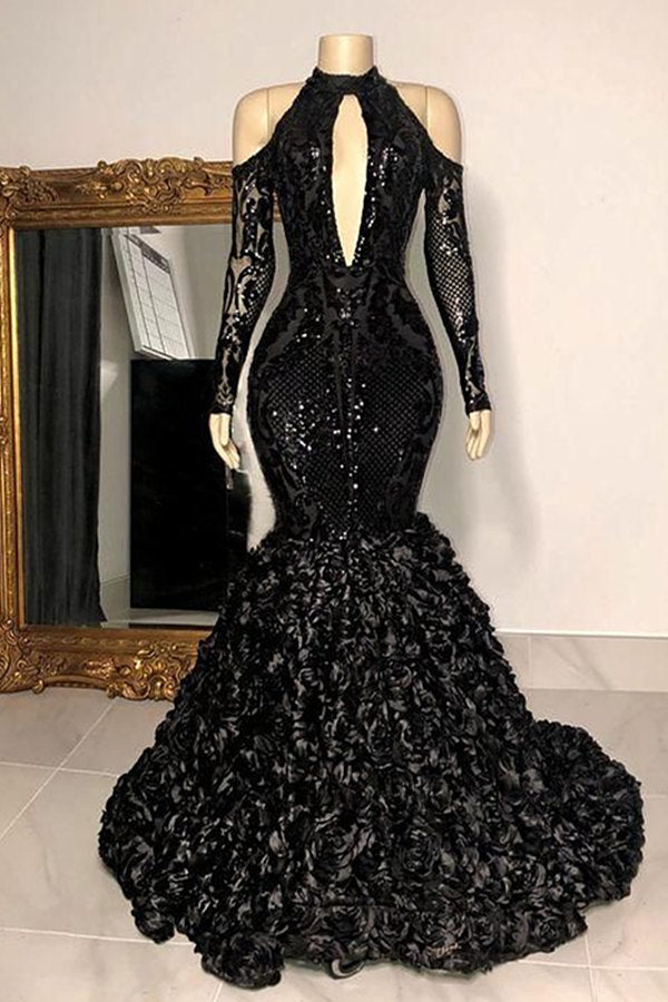 Abito da sera lungo stile sirena nero dignitoso con collo all'americana, maniche lunghe, pizzo trasparente e perline