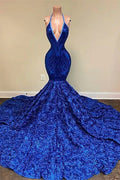Robe de bal sirène longue jusqu'au sol, sans manches, fendue à l'avant, à paillettes, col en V, dos nu, bleu digne