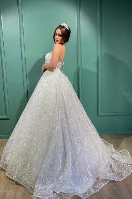 Dignified Transparent Lace One Shoulder Long Ball Gown Wedding Dresses
