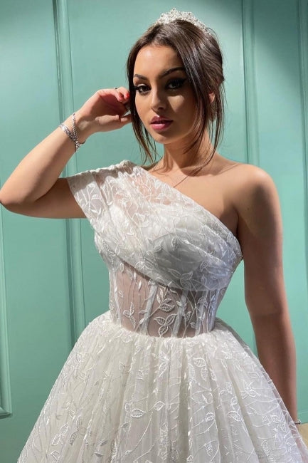 Würdige transparente Spitze One-Shoulder-Langballkleid-Brautkleider 