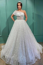 Dignified Transparent Lace One Shoulder Long Ball Gown Wedding Dresses