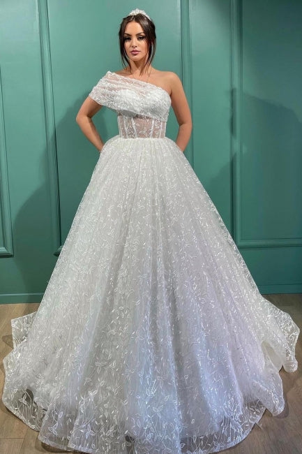 Würdige transparente Spitze One-Shoulder-Langballkleid-Brautkleider 