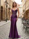 Purple Mermaid Satin Long Prom Dress With Spaghetti Straps And Corset Appliqued