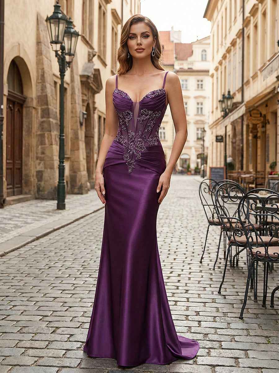 Purple Mermaid Satin Long Prom Dress With Spaghetti Straps And Corset Appliqued